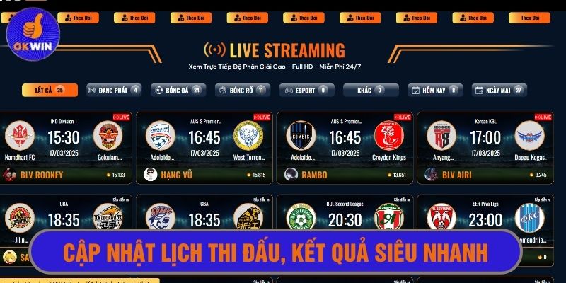 Cập nhật lịch thi đấu lẫn kết quả trận siêu nhanh 